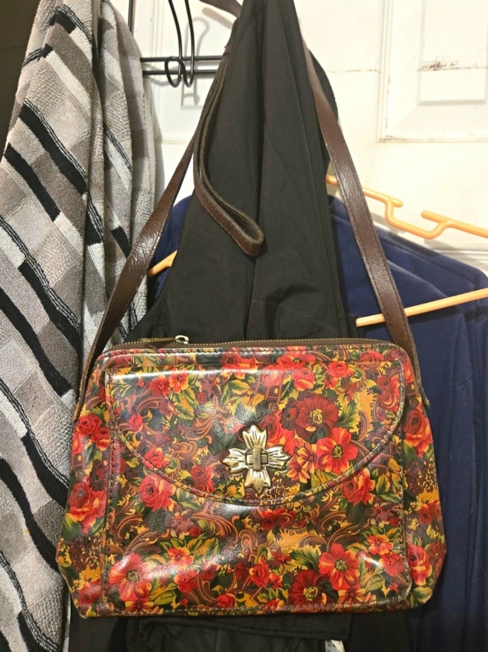 Patricia Nash Red Floral Shoulder Bag with Brown Straps
